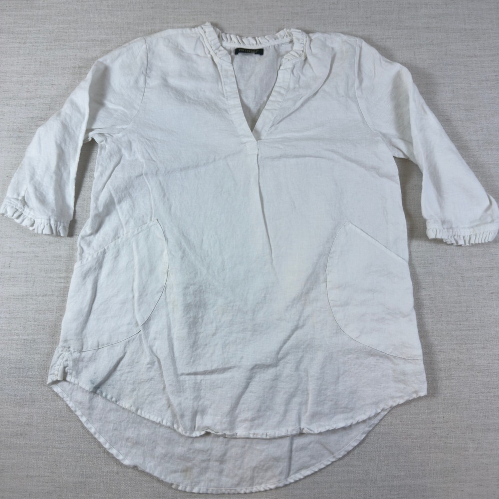 For Cynthia White 100% Linen Ruffle V-Neck Tunic Top with Pockets